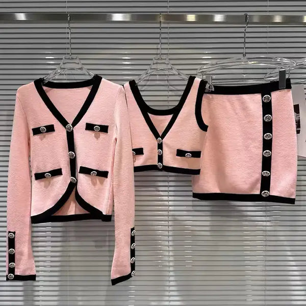 Conjunto de 3 piezas de punto elegante: cárdigan de manga larga + chaleco + minifalda