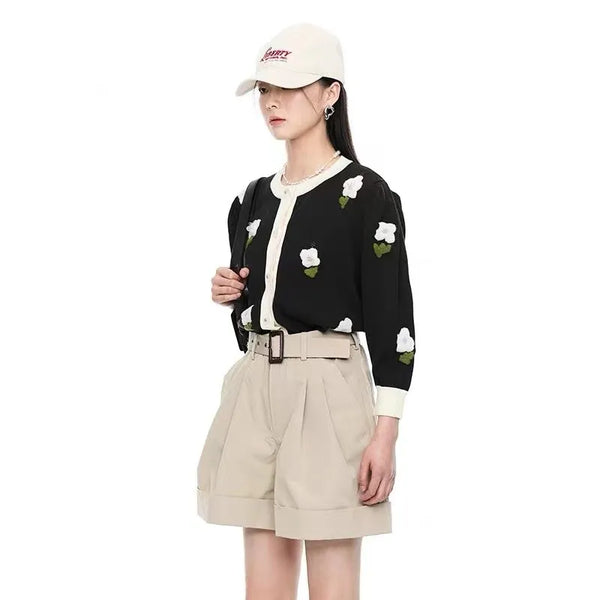 Elegante suéter de cárdigan de punto de flores vintage