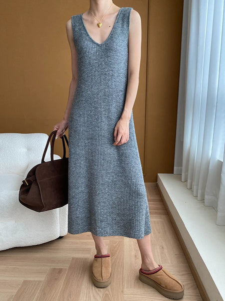 Vestido de punto con escote en V Conjunto de dos piezas de cárdigan grande perezoso