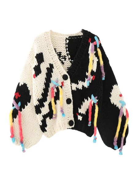 Jersey chaqueta hecho a mano Flor Color bloqueado Borla Cuello en V engrosado Abrigo de cárdigan de punto Top