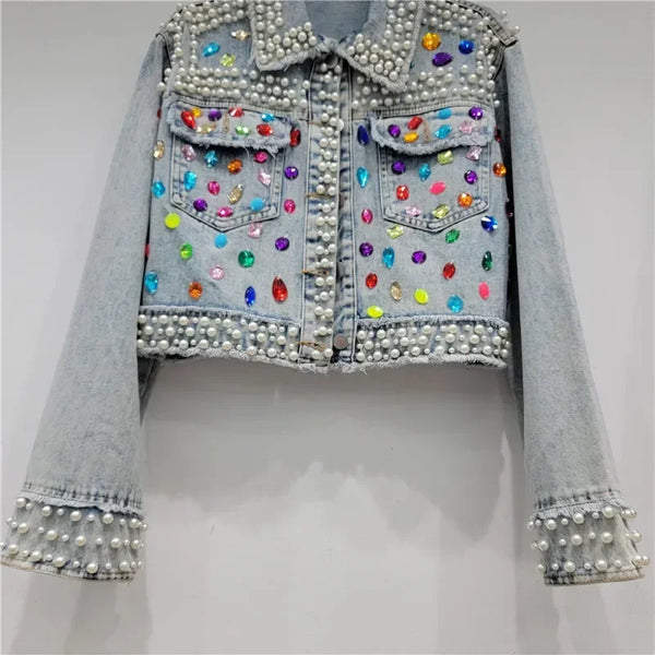 Chaqueta de mezclilla / vaquera con cuentas Diamantes de imitación