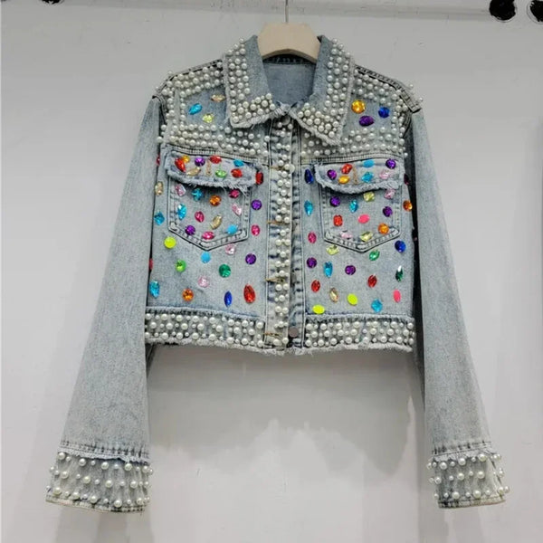 Chaqueta de mezclilla / vaquera con cuentas Diamantes de imitación