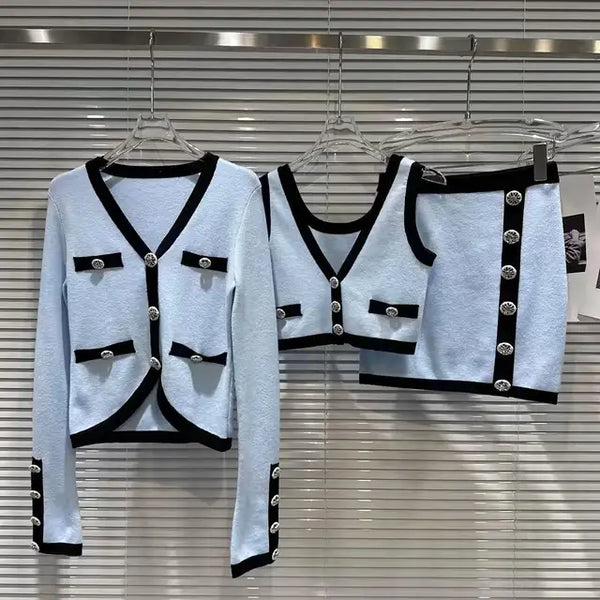 Conjunto de 3 piezas de punto elegante: cárdigan de manga larga + chaleco + minifalda