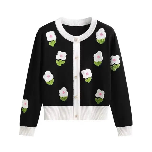 Elegante suéter de cárdigan de punto de flores vintage