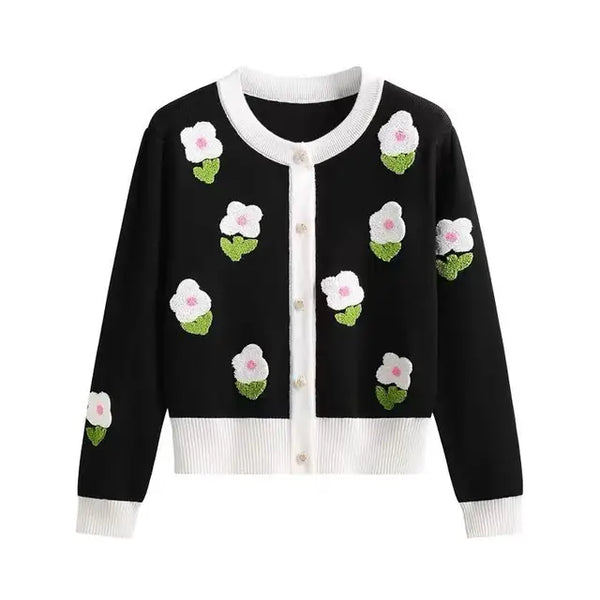 Elegante suéter de cárdigan de punto de flores vintage