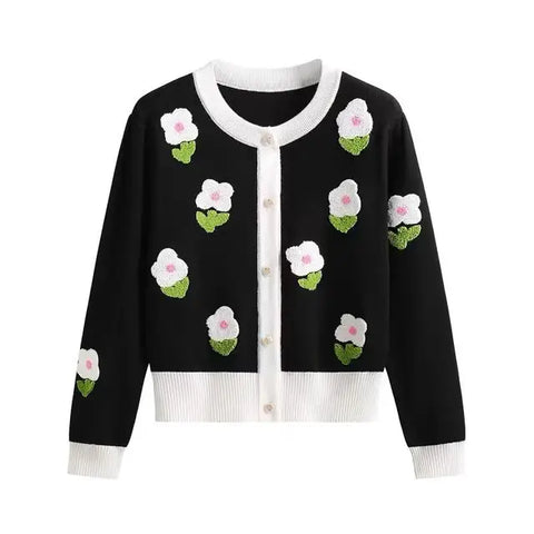 Elegante suéter de cárdigan de punto de flores vintage