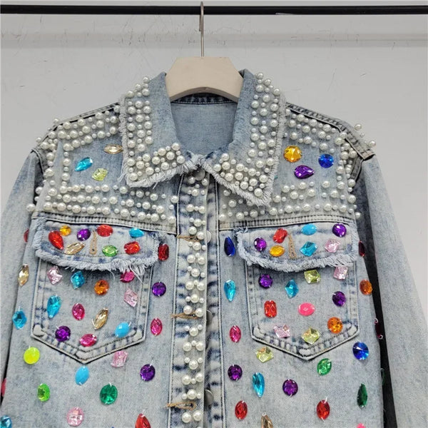 Chaqueta de mezclilla / vaquera con cuentas Diamantes de imitación