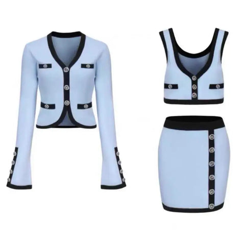 Conjunto de 3 piezas de punto elegante: cárdigan de manga larga + chaleco + minifalda