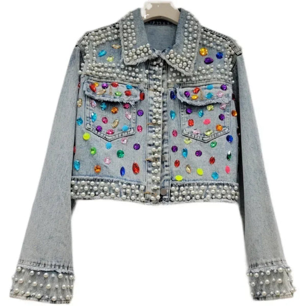 Chaqueta de mezclilla / vaquera con cuentas Diamantes de imitación