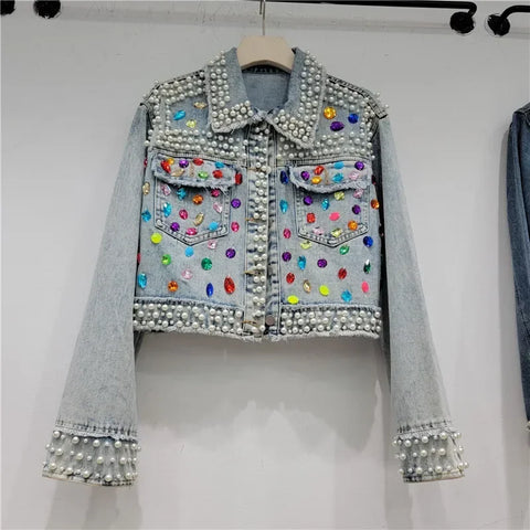 Chaqueta de mezclilla / vaquera con cuentas Diamantes de imitación