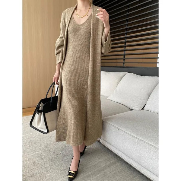 Vestido de punto con escote en V Conjunto de dos piezas de cárdigan grande perezoso