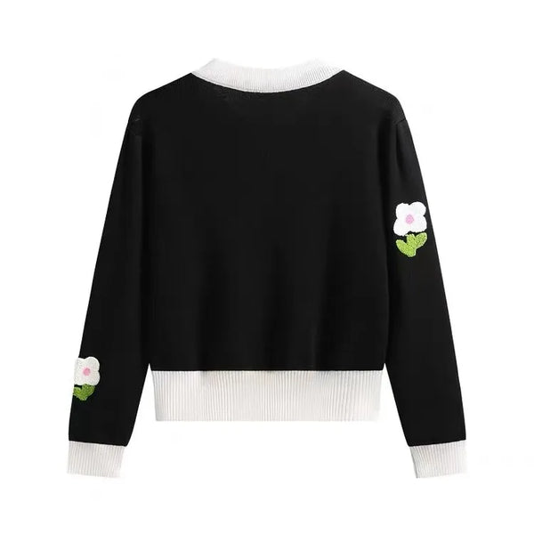 Elegante suéter de cárdigan de punto de flores vintage