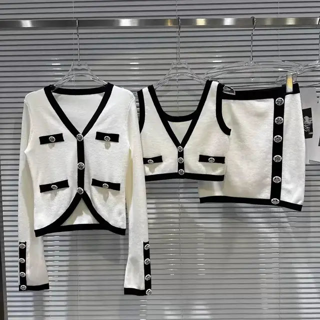 Conjunto de 3 piezas de punto elegante: cárdigan de manga larga + chaleco + minifalda