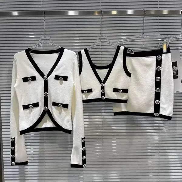 Conjunto de 3 piezas de punto elegante: cárdigan de manga larga + chaleco + minifalda