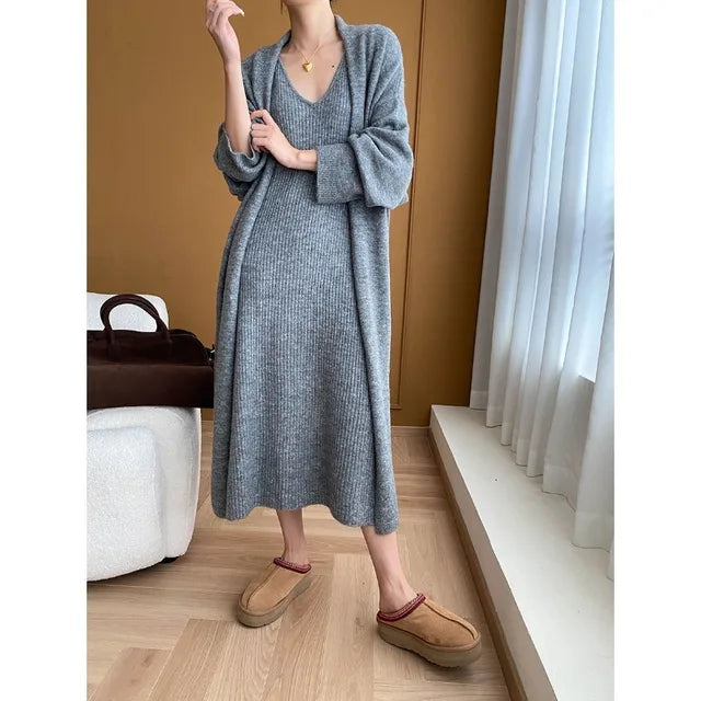 Vestido de punto con escote en V Conjunto de dos piezas de cárdigan grande perezoso
