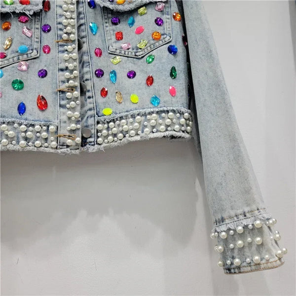 Chaqueta de mezclilla / vaquera con cuentas Diamantes de imitación