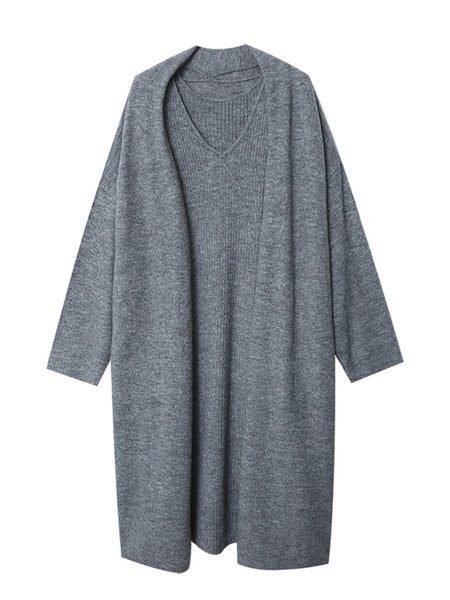 Vestido de punto con escote en V Conjunto de dos piezas de cárdigan grande perezoso