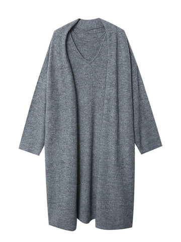 Vestido de punto con escote en V Conjunto de dos piezas de cárdigan grande perezoso
