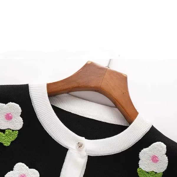 Elegante suéter de cárdigan de punto de flores vintage