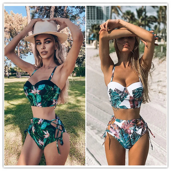 High Waist Swimwear 2025 New Leaf Print Bikinis Women Swimsuit Vintage Retro Bathing Suit Halter Biquini Maillot de bain femme - funny happy kids
