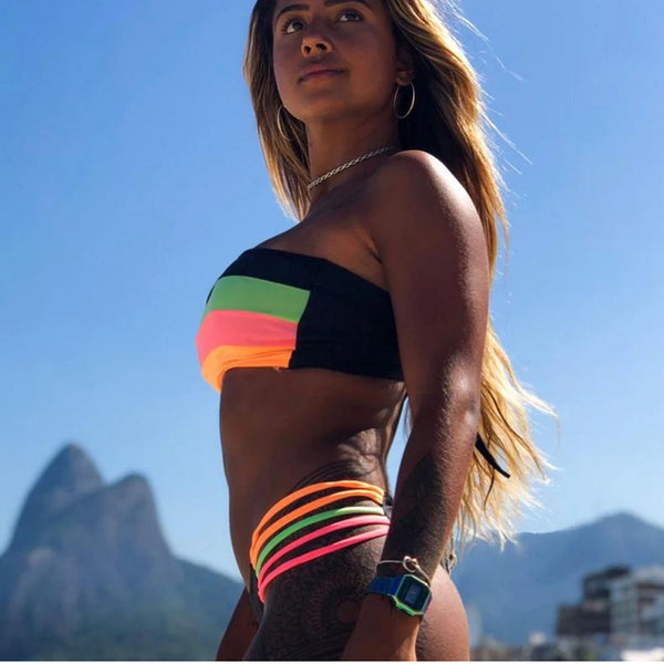 Rainbow Striped Beach Style Chic High Strecth Slim Fit Women's Swimsuit Bikini Set Wire Free With Pad Two Piece Set 2024 Summer