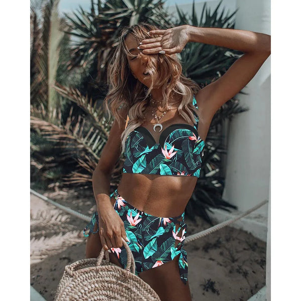 High Waist Swimwear 2025 New Leaf Print Bikinis Women Swimsuit Vintage Retro Bathing Suit Halter Biquini Maillot de bain femme - funny happy kids