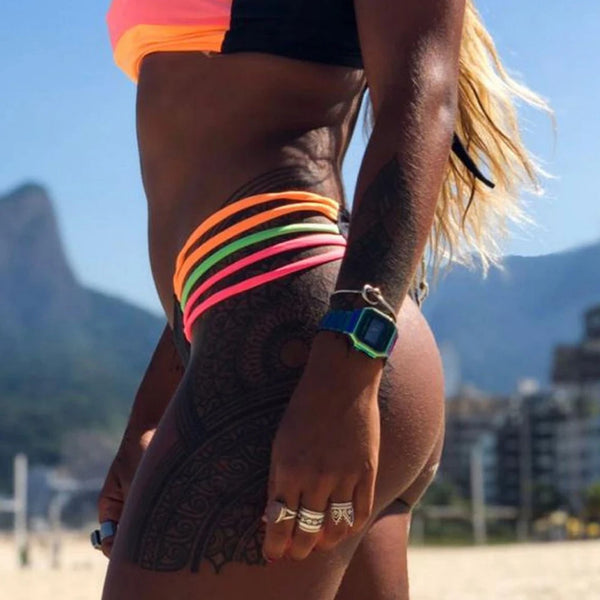 Rainbow Striped Beach Style Chic High Strecth Slim Fit Women's Swimsuit Bikini Set Wire Free With Pad Two Piece Set 2024 Summer