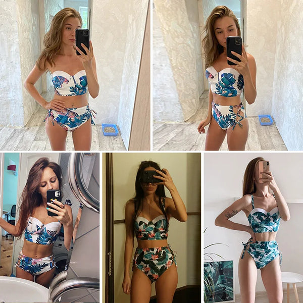 High Waist Swimwear 2025 New Leaf Print Bikinis Women Swimsuit Vintage Retro Bathing Suit Halter Biquini Maillot de bain femme - funny happy kids