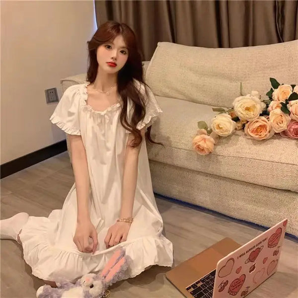 White Nightgowns Women Sweet Kawaii Girls Nightdress Princess Ruffles Square Collar Short Sleeve Summer Lounge Wear Sleepwear - funny happy kids