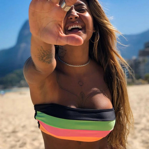 Rainbow Striped Beach Style Chic High Strecth Slim Fit Women's Swimsuit Bikini Set Wire Free With Pad Two Piece Set 2024 Summer