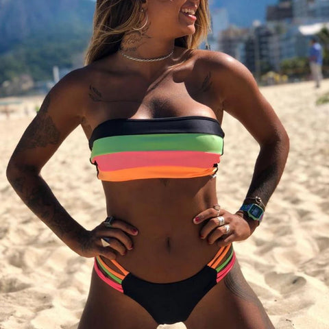 Rainbow Striped Beach Style Chic High Strecth Slim Fit Women's Swimsuit Bikini Set Wire Free With Pad Two Piece Set 2024 Summer