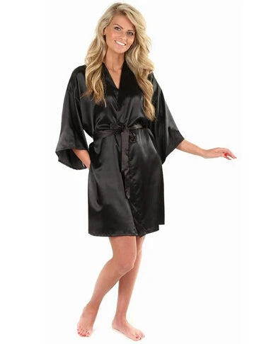 New Black Chinese Women's Faux Silk Robe Bath Gown Hot Sale Kimono Yukata Bathrobe Solid Color Sleepwear S M L XL XXL NB032 - funny happy kids