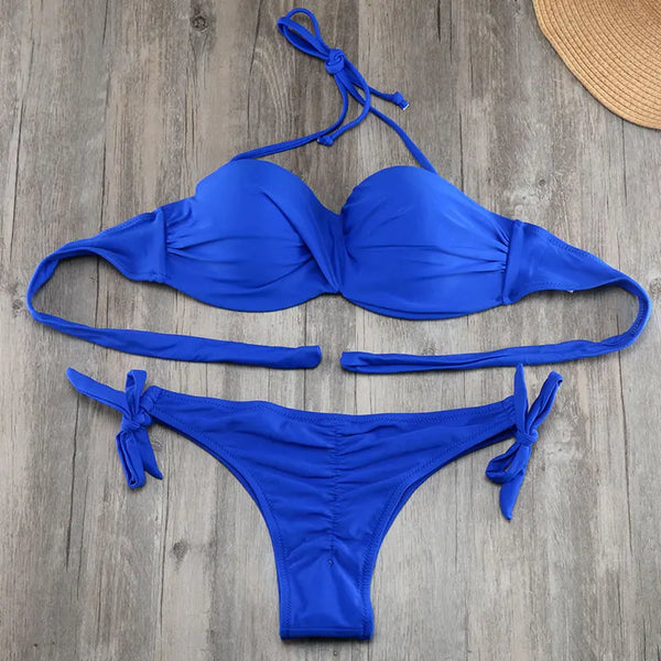 Bikini Solid Strappy Bandage Bikinis Set White Push Up Bikini Swimwear Bandeau Brazilian Swimsuit Bathing Suit Maillot De Bain - funny happy kids