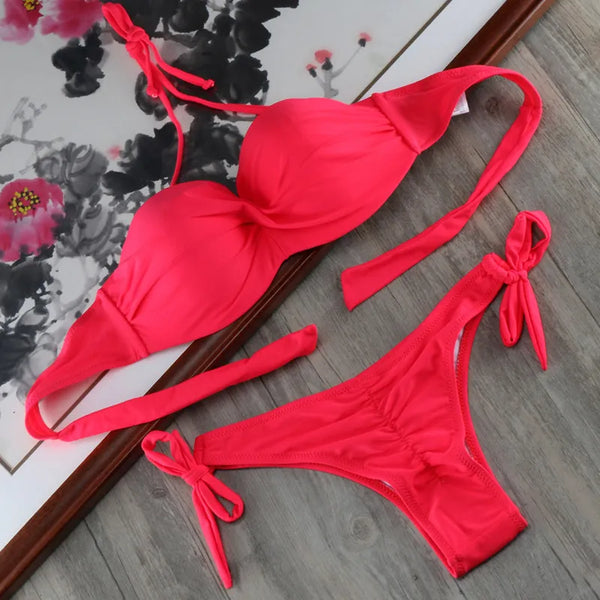 Bikini Solid Strappy Bandage Bikinis Set White Push Up Bikini Swimwear Bandeau Brazilian Swimsuit Bathing Suit Maillot De Bain - funny happy kids
