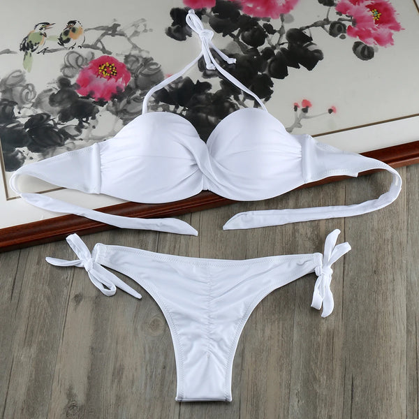 Bikini Solid Strappy Bandage Bikinis Set White Push Up Bikini Swimwear Bandeau Brazilian Swimsuit Bathing Suit Maillot De Bain - funny happy kids