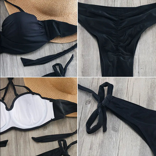 Bikini Solid Strappy Bandage Bikinis Set White Push Up Bikini Swimwear Bandeau Brazilian Swimsuit Bathing Suit Maillot De Bain - funny happy kids