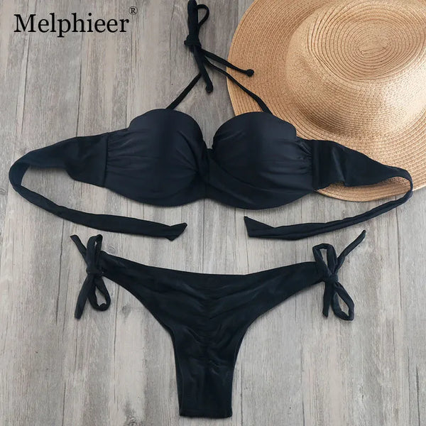 Bikini Solid Strappy Bandage Bikinis Set White Push Up Bikini Swimwear Bandeau Brazilian Swimsuit Bathing Suit Maillot De Bain - funny happy kids