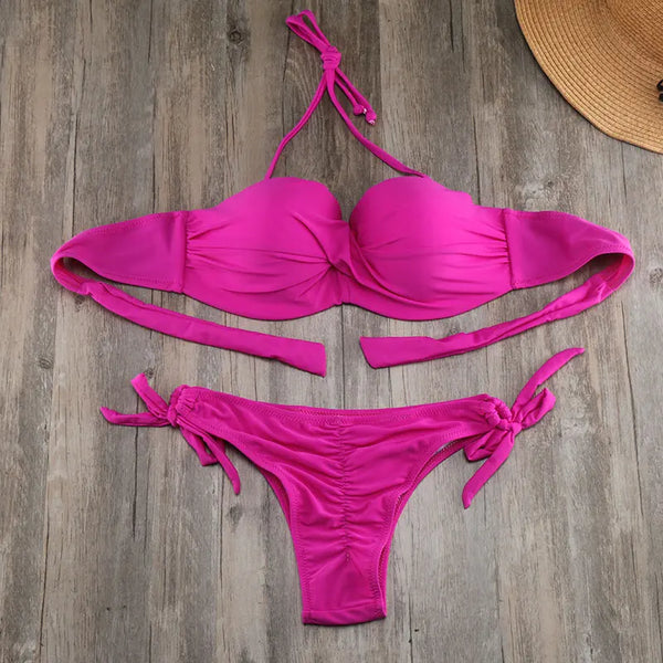 Bikini Solid Strappy Bandage Bikinis Set White Push Up Bikini Swimwear Bandeau Brazilian Swimsuit Bathing Suit Maillot De Bain - funny happy kids