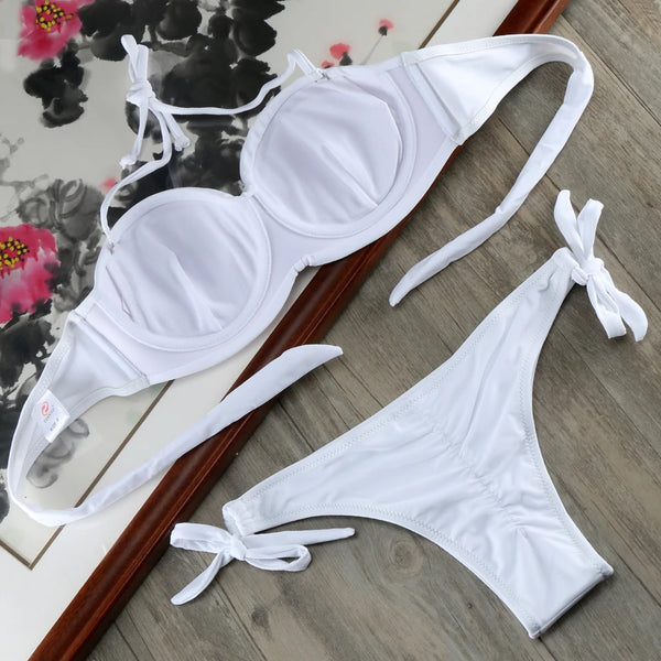 Bikini Solid Strappy Bandage Bikinis Set White Push Up Bikini Swimwear Bandeau Brazilian Swimsuit Bathing Suit Maillot De Bain - funny happy kids