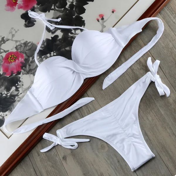 Bikini Solid Strappy Bandage Bikinis Set White Push Up Bikini Swimwear Bandeau Brazilian Swimsuit Bathing Suit Maillot De Bain - funny happy kids