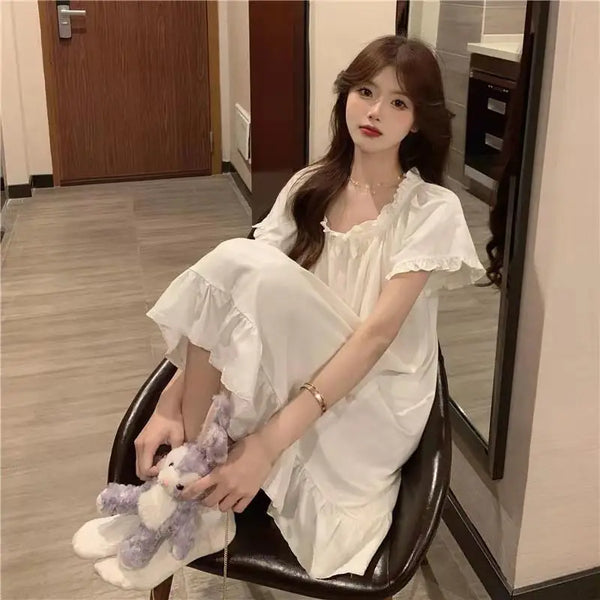 White Nightgowns Women Sweet Kawaii Girls Nightdress Princess Ruffles Square Collar Short Sleeve Summer Lounge Wear Sleepwear - funny happy kids