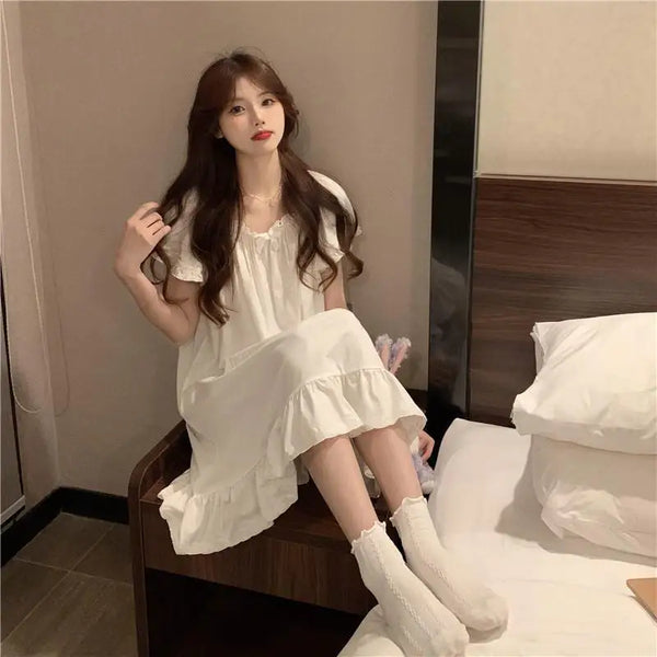 White Nightgowns Women Sweet Kawaii Girls Nightdress Princess Ruffles Square Collar Short Sleeve Summer Lounge Wear Sleepwear - funny happy kids