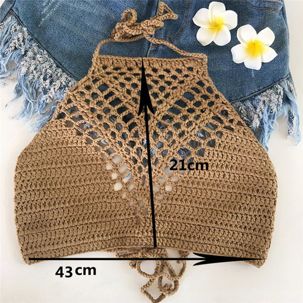 White Halter Vest Strap Crop Tops Bra Beach Bikini Women Summer Short Vest Sexy Hollow Out Crochet Bikini Tank Tops Shirt Plain