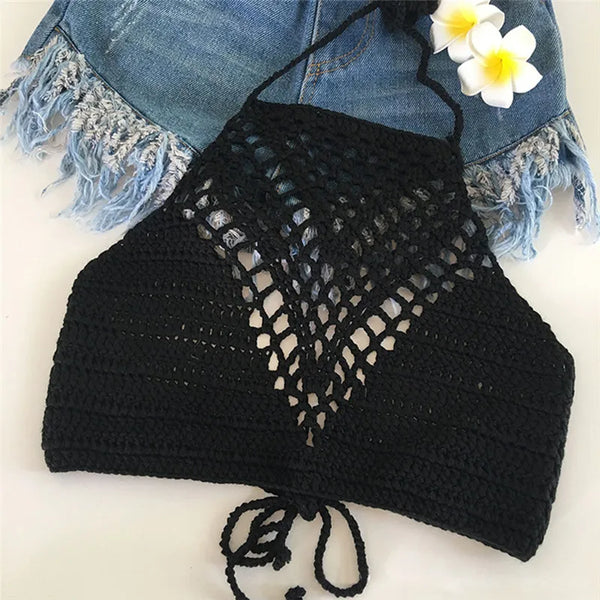 White Halter Vest Strap Crop Tops Bra Beach Bikini Women Summer Short Vest Sexy Hollow Out Crochet Bikini Tank Tops Shirt Plain