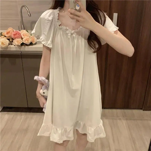 White Nightgowns Women Sweet Kawaii Girls Nightdress Princess Ruffles Square Collar Short Sleeve Summer Lounge Wear Sleepwear - funny happy kids
