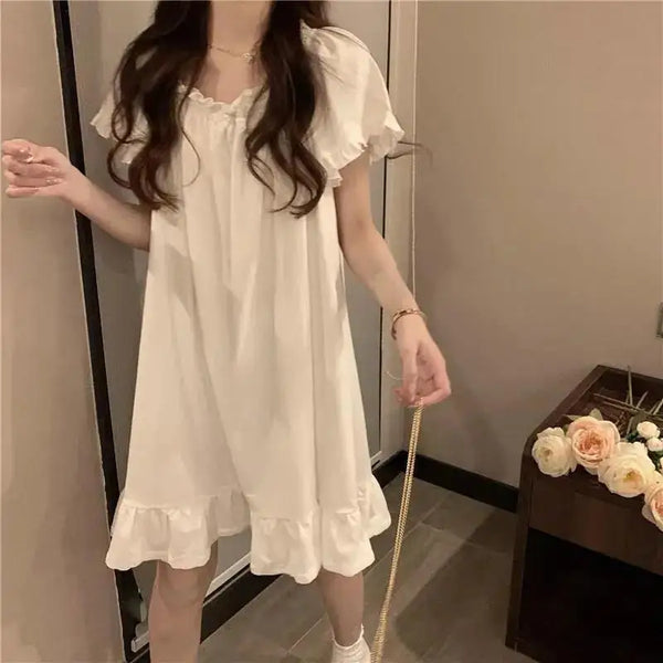 White Nightgowns Women Sweet Kawaii Girls Nightdress Princess Ruffles Square Collar Short Sleeve Summer Lounge Wear Sleepwear - funny happy kids