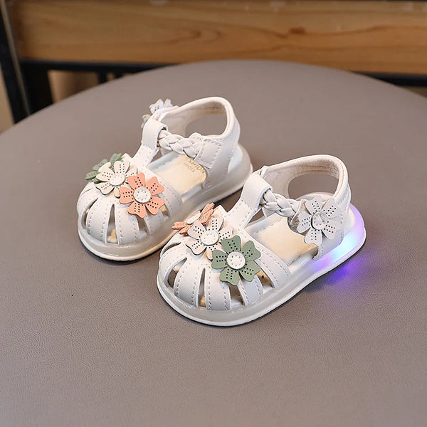 Summer Sandals New Fashion LED Light Kid Shoes Simple Versatile Retro Girl Shoe Princess Flower Lightweight  Elegant Kid Sandals - funny happy kids