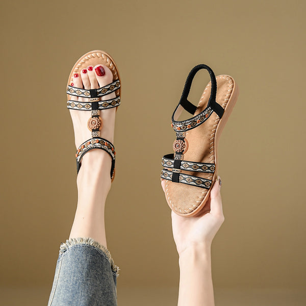 Women's sandals summer bohemian one line elegant slimming anti slip comfortable daily vacation flat beach shoes - funny happy kids