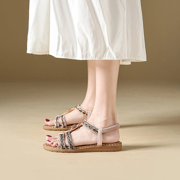Women's sandals summer bohemian one line elegant slimming anti slip comfortable daily vacation flat beach shoes - funny happy kids