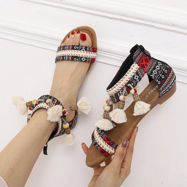 Summer New Women's Sandals Rome Bohemian Flow Su Flat Heel Soft Bottom Comfortable Anti slip Outerwear Tourist Vacation - funny happy kids
